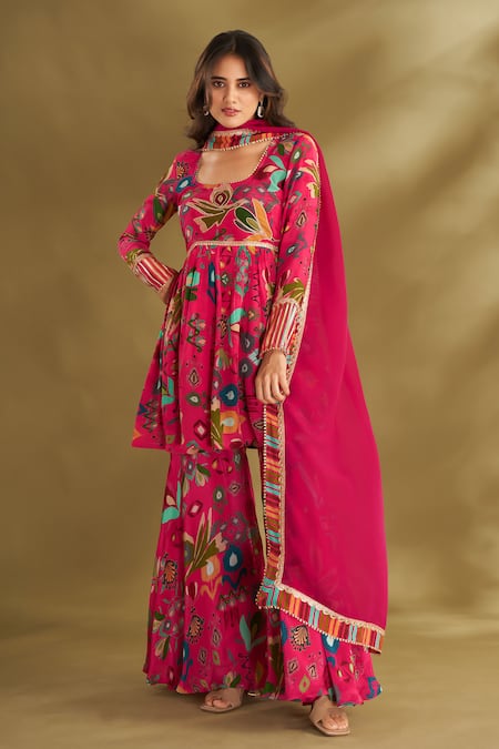 Buy Affroz Pink Viscose Embroidery Round Neck Ikat Floral Print Short Anarkali Sharara Set Online at Aza Fashions Buy_Affroz_Pink Viscose Embroidery Round Neck Ikat Floral Print Short Anarkali Sharara Set _Online_at_Aza_Fashions