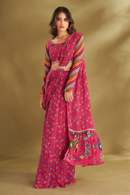 Affroz_Pink Viscose Embroidery Boat Neck Printed Pre-draped Saree With Blouse _Online_at_Aza_Fashions