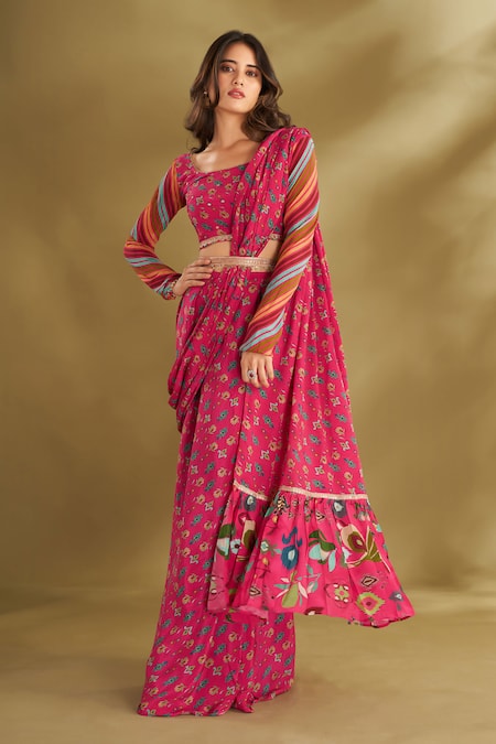 Buy_Affroz_Pink Viscose Embroidery Boat Neck Printed Pre-draped Saree With Blouse _Online_at_Aza_Fashions