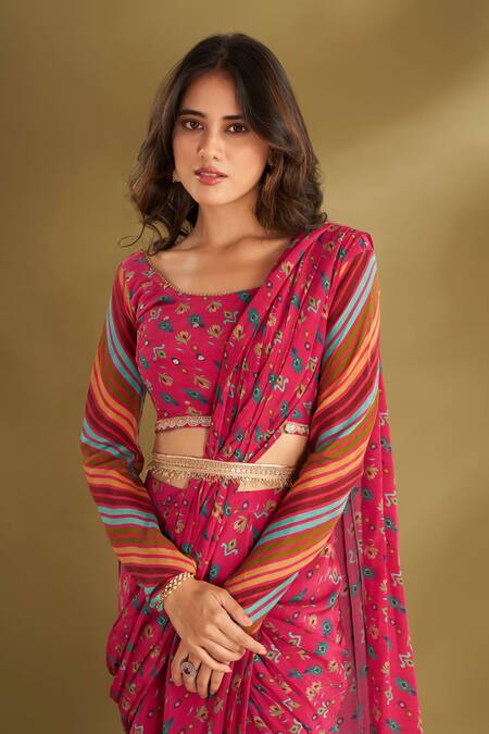 Shop_Affroz_Pink Viscose Embroidery Boat Neck Printed Pre-draped Saree With Blouse _Online_at_Aza_Fashions