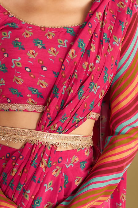 Affroz_Pink Viscose Embroidery Boat Neck Printed Pre-draped Saree With Blouse _at_Aza_Fashions