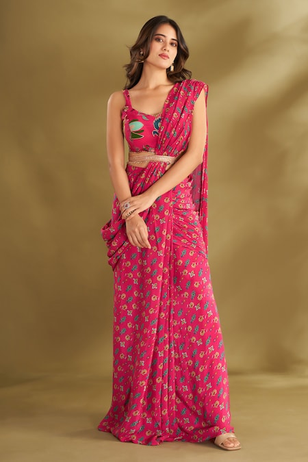 AFFROZ Floral Print Pre-Draped Saree With Blouse 