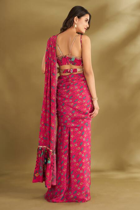 Affroz Floral Print Pre-Draped Saree With Blouse 