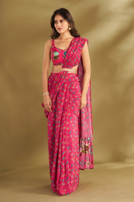 Affroz_Pink Viscose Embroidery Sweetheart Floral Print Pre-draped Saree With Blouse _Online_at_Aza_Fashions