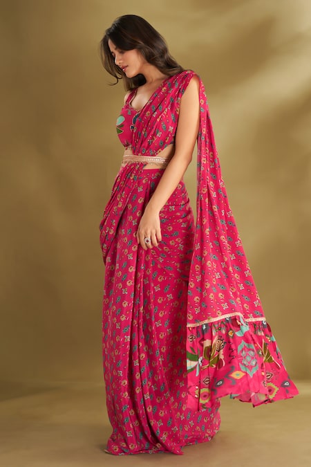 Buy_Affroz_Pink Viscose Embroidery Sweetheart Floral Print Pre-draped Saree With Blouse _Online_at_Aza_Fashions