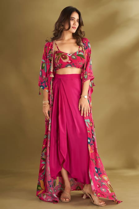 Affroz_Pink Viscose Embroidery Sweetheart Ikat Floral Print Cape And Draped Skirt Set _Online_at_Aza_Fashions
