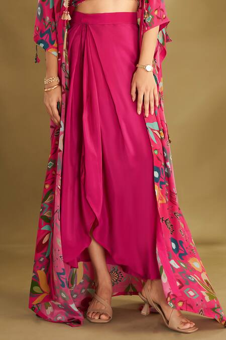 Buy_Affroz_Pink Viscose Embroidery Sweetheart Ikat Floral Print Cape And Draped Skirt Set _Online_at_Aza_Fashions