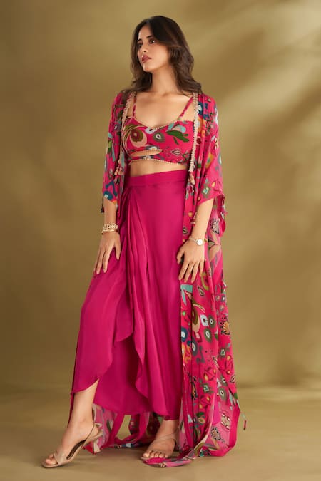 Shop_Affroz_Pink Viscose Embroidery Sweetheart Ikat Floral Print Cape And Draped Skirt Set _Online_at_Aza_Fashions