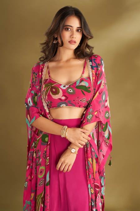Affroz_Pink Viscose Embroidery Sweetheart Ikat Floral Print Cape And Draped Skirt Set _at_Aza_Fashions