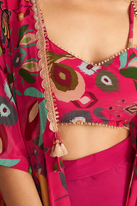 Buy_Affroz_Pink Viscose Embroidery Sweetheart Ikat Floral Print Cape And Draped Skirt Set 