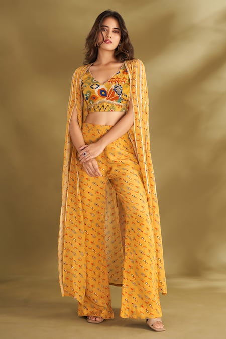 Affroz_Yellow Viscose, Crepe Sequins, Zari Ikat Floral Print Cape Flared Pant Set _Online_at_Aza_Fashions