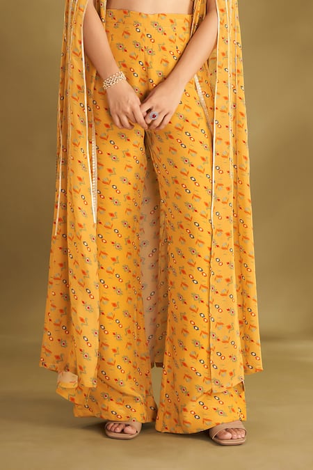 Buy_Affroz_Yellow Viscose, Crepe Sequins, Zari Ikat Floral Print Cape Flared Pant Set _Online_at_Aza_Fashions