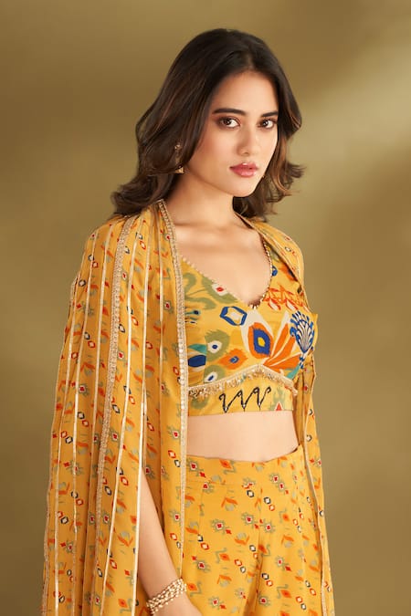 Shop_Affroz_Yellow Viscose, Crepe Sequins, Zari Ikat Floral Print Cape Flared Pant Set _Online_at_Aza_Fashions