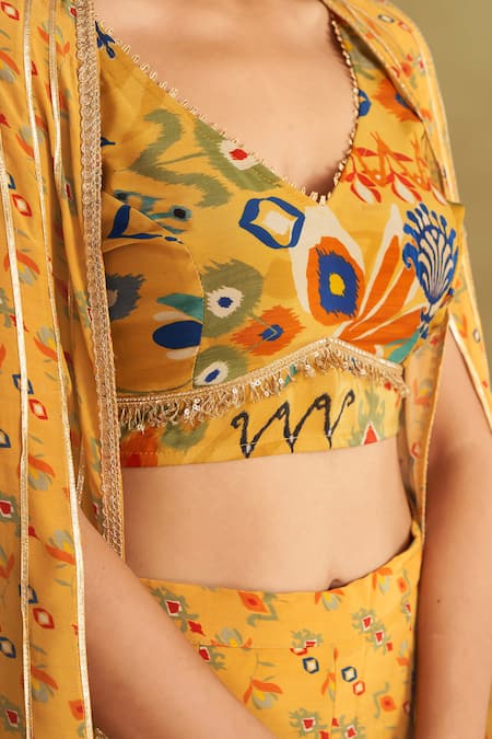 Affroz_Yellow Viscose, Crepe Sequins, Zari Ikat Floral Print Cape Flared Pant Set _at_Aza_Fashions
