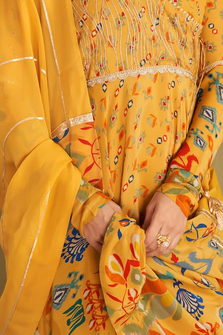 Shop_Affroz_Yellow Viscose Embroidery, Gota Patti V-neck Floral Ikat Angarkha Anarkali Set _Online_at_Aza_Fashions