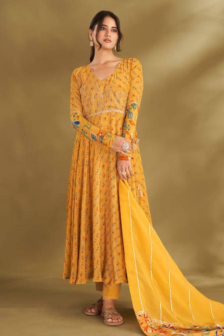 Buy_Affroz_Yellow Viscose Embroidery, Gota Patti V-neck Floral Ikat Angarkha Anarkali Set 