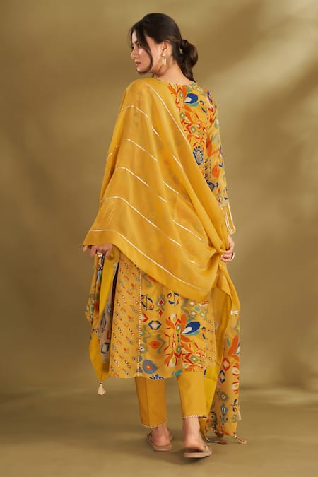Affroz Floral & Ikat Print A-Line Kurta Set 