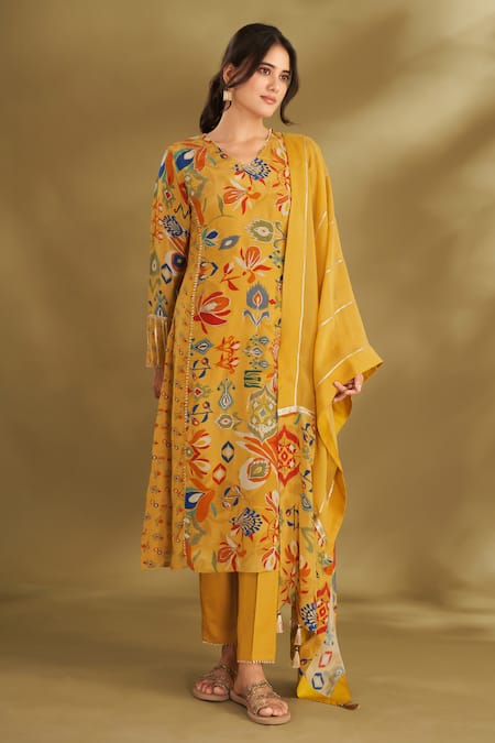 Affroz_Yellow Viscose, Crepe Gota Patti, Floral And Ikat Print A-line Kurta Set _Online_at_Aza_Fashions