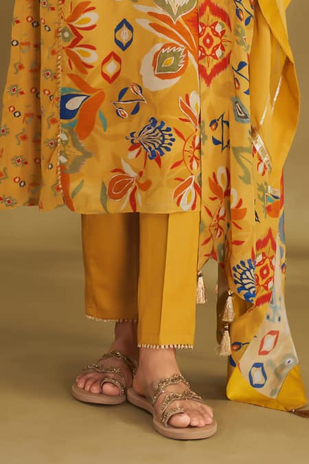 Buy_Affroz_Yellow Viscose, Crepe Gota Patti, Floral And Ikat Print A-line Kurta Set _Online_at_Aza_Fashions