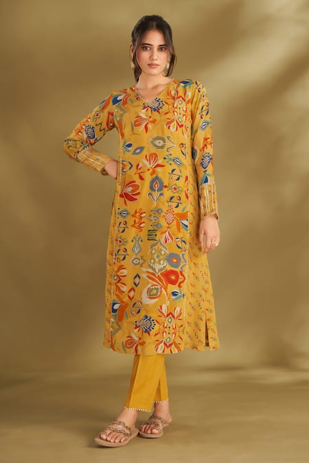 Shop_Affroz_Yellow Viscose, Crepe Gota Patti, Floral And Ikat Print A-line Kurta Set _Online_at_Aza_Fashions
