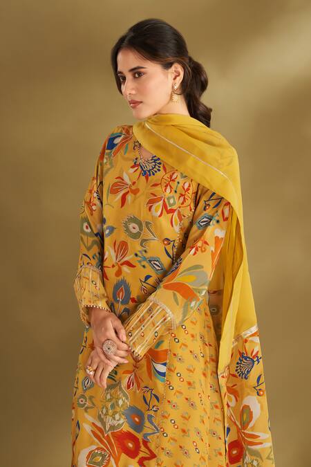 Affroz_Yellow Viscose, Crepe Gota Patti, Floral And Ikat Print A-line Kurta Set _at_Aza_Fashions
