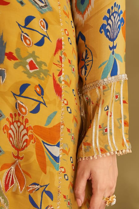 Buy_Affroz_Yellow Viscose, Crepe Gota Patti, Floral And Ikat Print A-line Kurta Set 