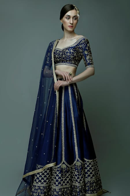 Pooja Peshoria Blue Raw Silk Embroidery Kundan Sweetheart Neck Zari Gul Bridal Lehenga Set 