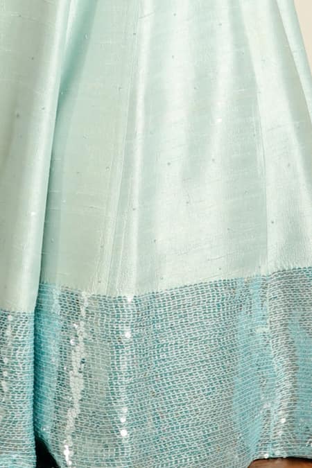 Buy_Pooja Peshoria_Blue Silk, Net Sequins, Cut Work, Galore Embroidered Crop Top With Lehenga _Online_at_Aza_Fashions