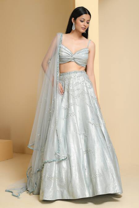 Buy_Pooja Peshoria_Green Crepe, Net, Chiffon Beads, Celeste Embroidered Bridal Lehenga Set _Online_at_Aza_Fashions