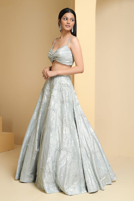 Shop_Pooja Peshoria_Green Crepe, Net, Chiffon Beads, Celeste Embroidered Bridal Lehenga Set _Online_at_Aza_Fashions