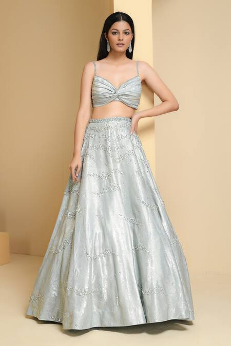 Pooja Peshoria_Green Crepe, Net, Chiffon Beads, Celeste Embroidered Bridal Lehenga Set _at_Aza_Fashions