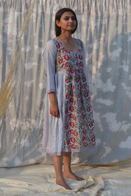 Studio Malang_Grey Cotton, Silk Embroidery Round Neck Pomegranate Print Dress_Online_at_Aza_Fashions