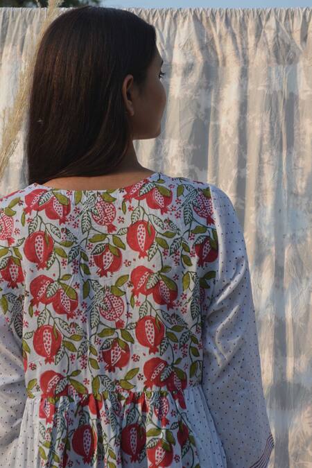 Buy_Studio Malang_Grey Cotton, Silk Embroidery Round Neck Pomegranate Print Dress_Online_at_Aza_Fashions