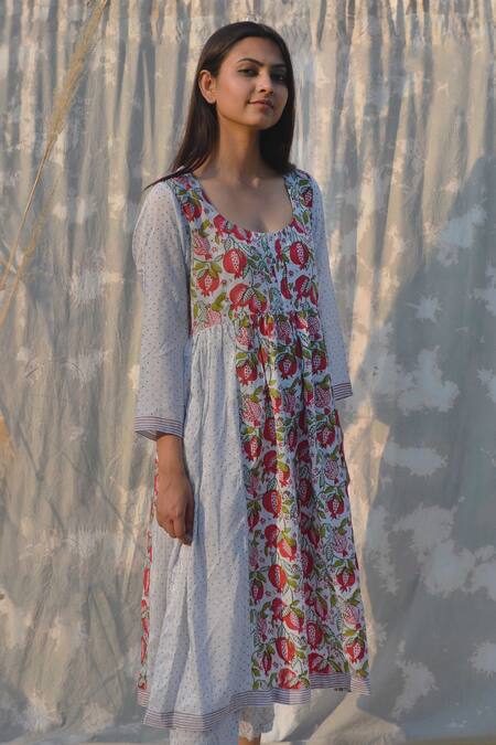 Shop_Studio Malang_Grey Cotton, Silk Embroidery Round Neck Pomegranate Print Dress_Online_at_Aza_Fashions