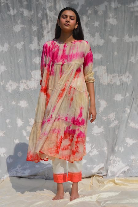 Studio Malang Multi Color Chanderi Plain Round Tie Dye Tiered Dress