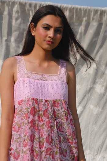 Studio Malang_Pink Cotton, Kota Doria Embroidery Square Neck Printed And Embellished Dress_Online_at_Aza_Fashions