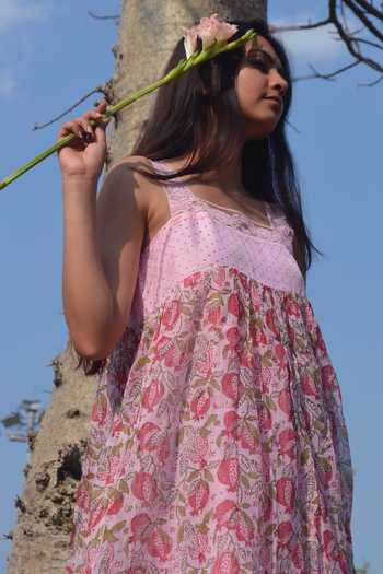 Shop_Studio Malang_Pink Cotton, Kota Doria Embroidery Square Neck Printed And Embellished Dress_Online_at_Aza_Fashions