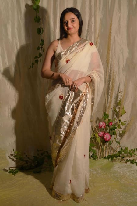 Studio Malang White Chanderi Hand Embroidered Pomegranate Motif Saree 