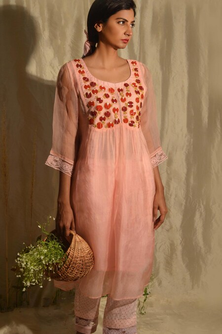 Studio Malang Pink Organza Hand Embroidered Pomegranate Round Motif Kurta 