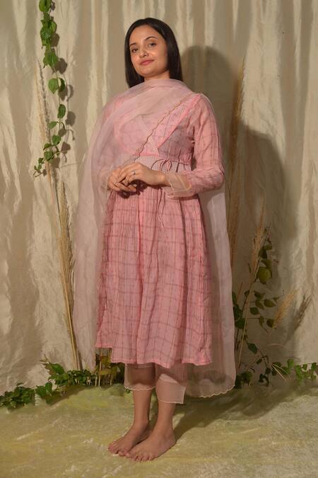 Buy_Studio Malang_Pink Organza, Chanderi Lace, Embroidery Geometric Pattern Angarkha Pant Set_Online_at_Aza_Fashions