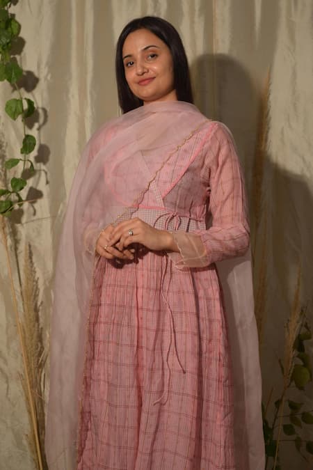 Shop_Studio Malang_Pink Organza, Chanderi Lace, Embroidery Geometric Pattern Angarkha Pant Set_Online_at_Aza_Fashions