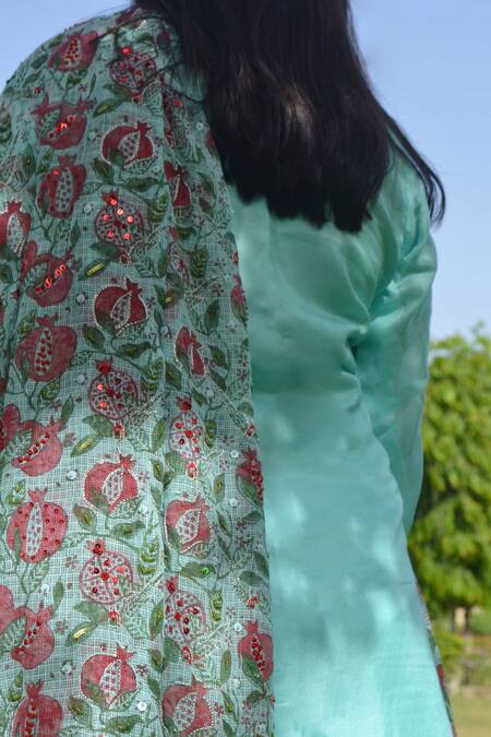 Studio Malang_Blue Kota Doria Hand Embroidered Pomegranate Veli Sequin Dupatta_Online_at_Aza_Fashions