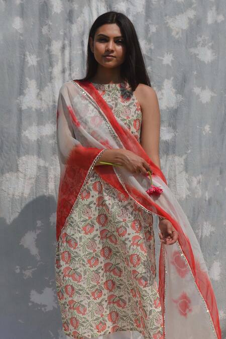 Studio Malang_White Cotton, Organza Embroidery Halter Neck Pomegranate Veli Kurta Pant Set_Online_at_Aza_Fashions