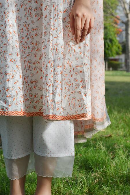 Buy_Studio Malang_White Cotton, Kota Doria Embroidery Round Neck Floral Print Anarkali Set_Online_at_Aza_Fashions