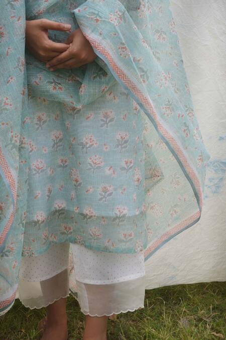 Studio Malang Blue Kota Doria Embroidery V-neck Bouquet Print Kurta Set Online at Aza Fashions Studio Malang_Blue Kota Doria Embroidery V-neck Bouquet Print Kurta Set_Online_at_Aza_Fashions