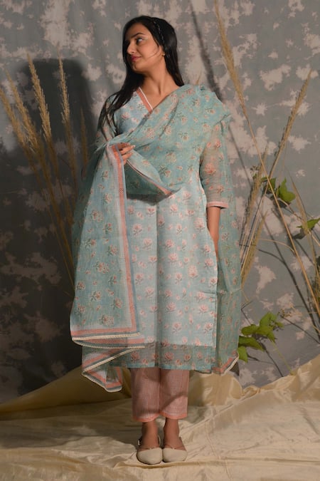 Buy Studio Malang Blue Kota Doria Embroidery V-neck Bouquet Print Kurta Set Online at Aza Fashions Buy_Studio Malang_Blue Kota Doria Embroidery V-neck Bouquet Print Kurta Set_Online_at_Aza_Fashions