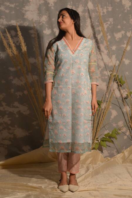Studio Malang_Blue Kota Doria Embroidery V-neck Bouquet Print Kurta Set_at_Aza_Fashions