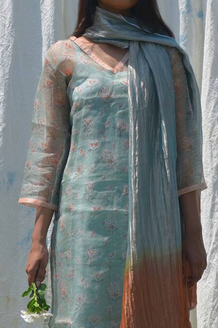Shop_Studio Malang_Blue Organza, Tissue, Cotton Embroidery V-neck Asmaan Bouquet Print Kurta Set_Online_at_Aza_Fashions