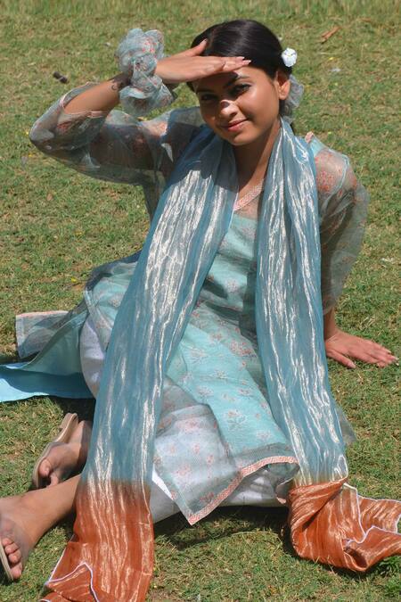 Studio Malang_Blue Organza, Tissue, Cotton Embroidery V-neck Asmaan Bouquet Print Kurta Set_at_Aza_Fashions