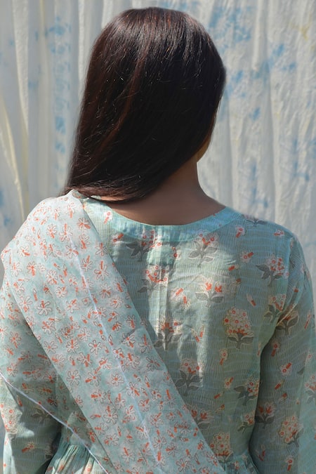 Shop Studio Malang Blue Organza, Chanderi Embroidery V-neck Floral Stripe Print Anarkali Set at Aza Fashions Shop_Studio Malang_Blue Organza, Chanderi Embroidery V-neck Floral Stripe Print Anarkali Set_at_Aza_Fashions